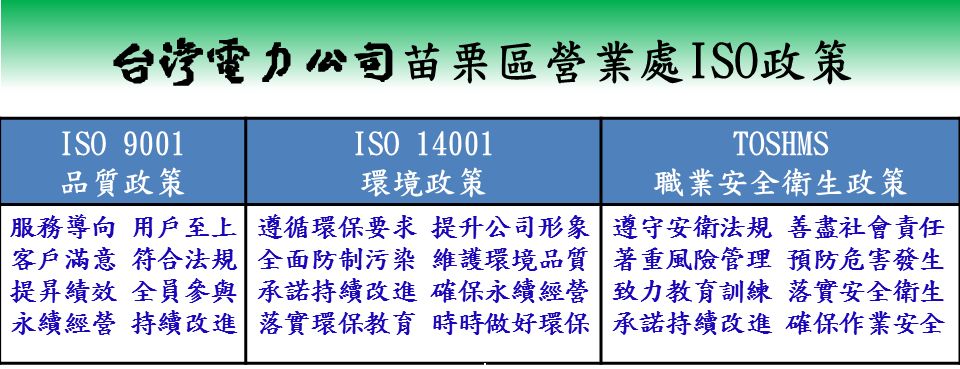 台灣電力公司苗栗區營業處ISO政策